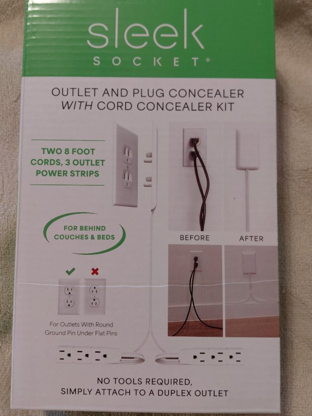 Sleek Socket Original and Patented Flat Ultra-Thin Outlet Concealer 8ft Dual